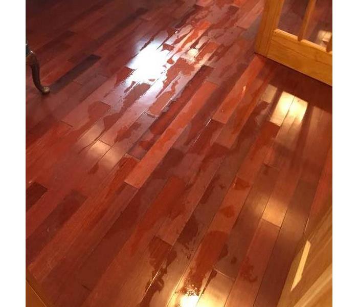 Hardwood floors with spots of water under an orange-tinted light